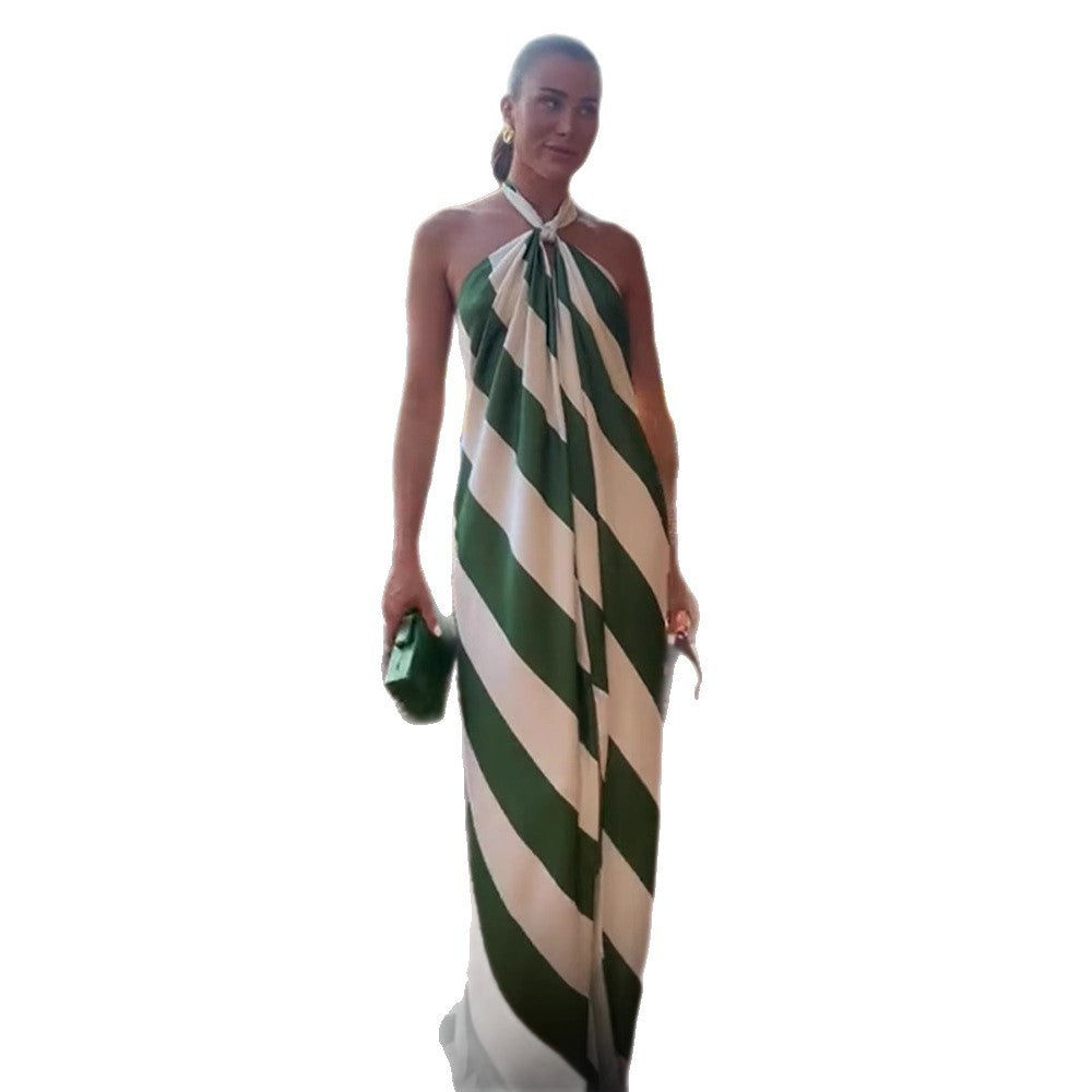 Fashion Design Temperament Contrast Color Striped Halter Dress Women