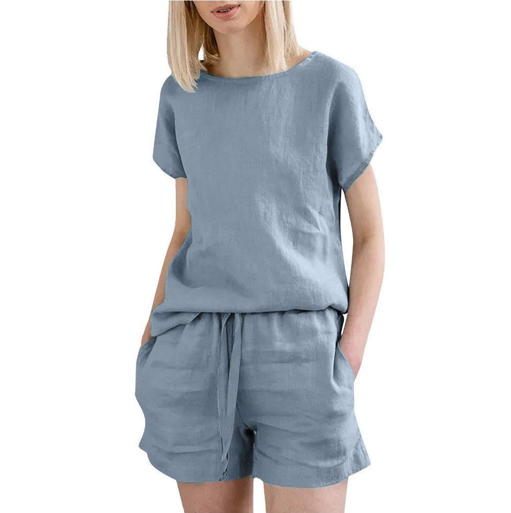 Short Sleeve Cotton Linen Retro Fashion Solid Color Top Shorts Suit