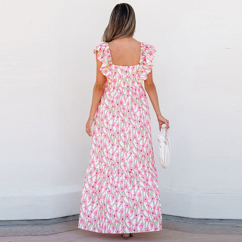 Women's Casual All-match Floral High Waist Square Collar Dress
