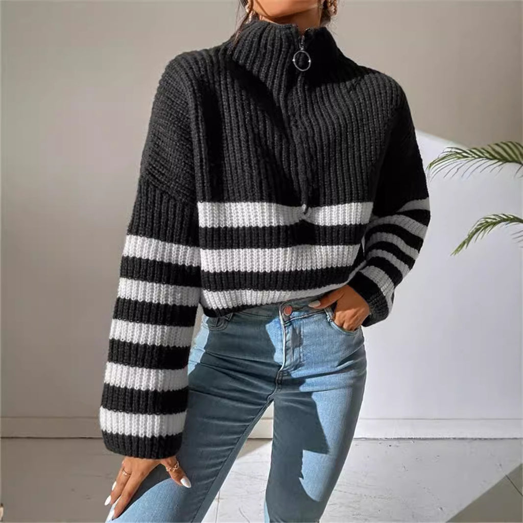 New Striped Contrast Color Stand-up Collar Knitted Pullover Sweater Outerwear Women