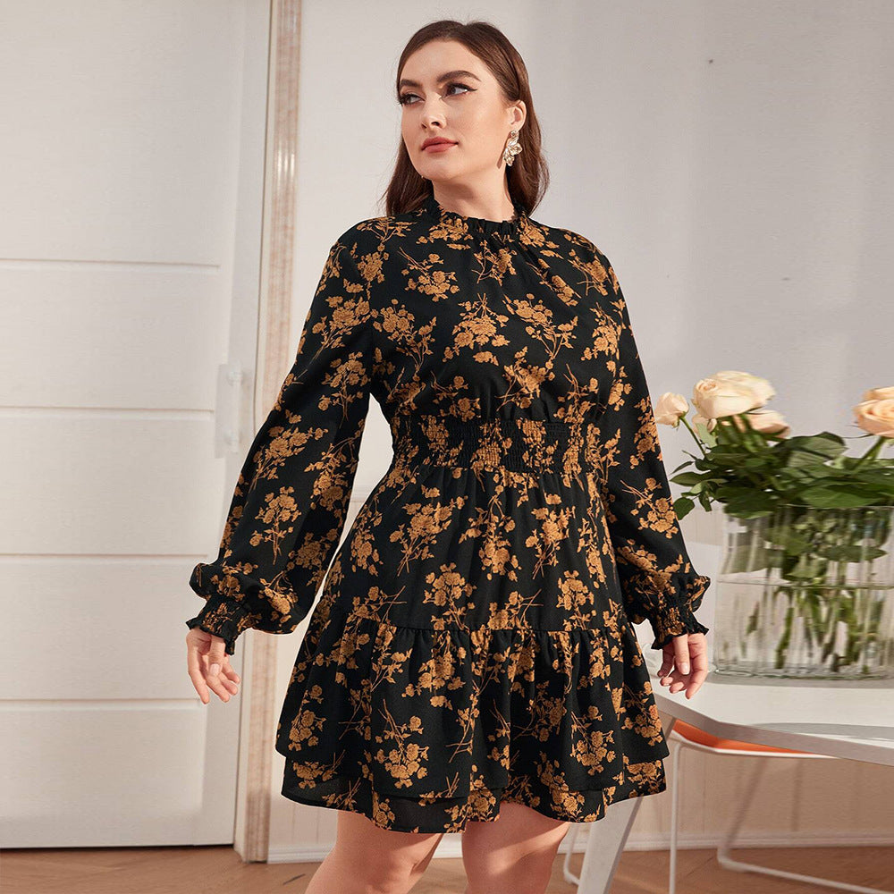 Turtleneck Puff Sleeve Ruffled Floral Dress