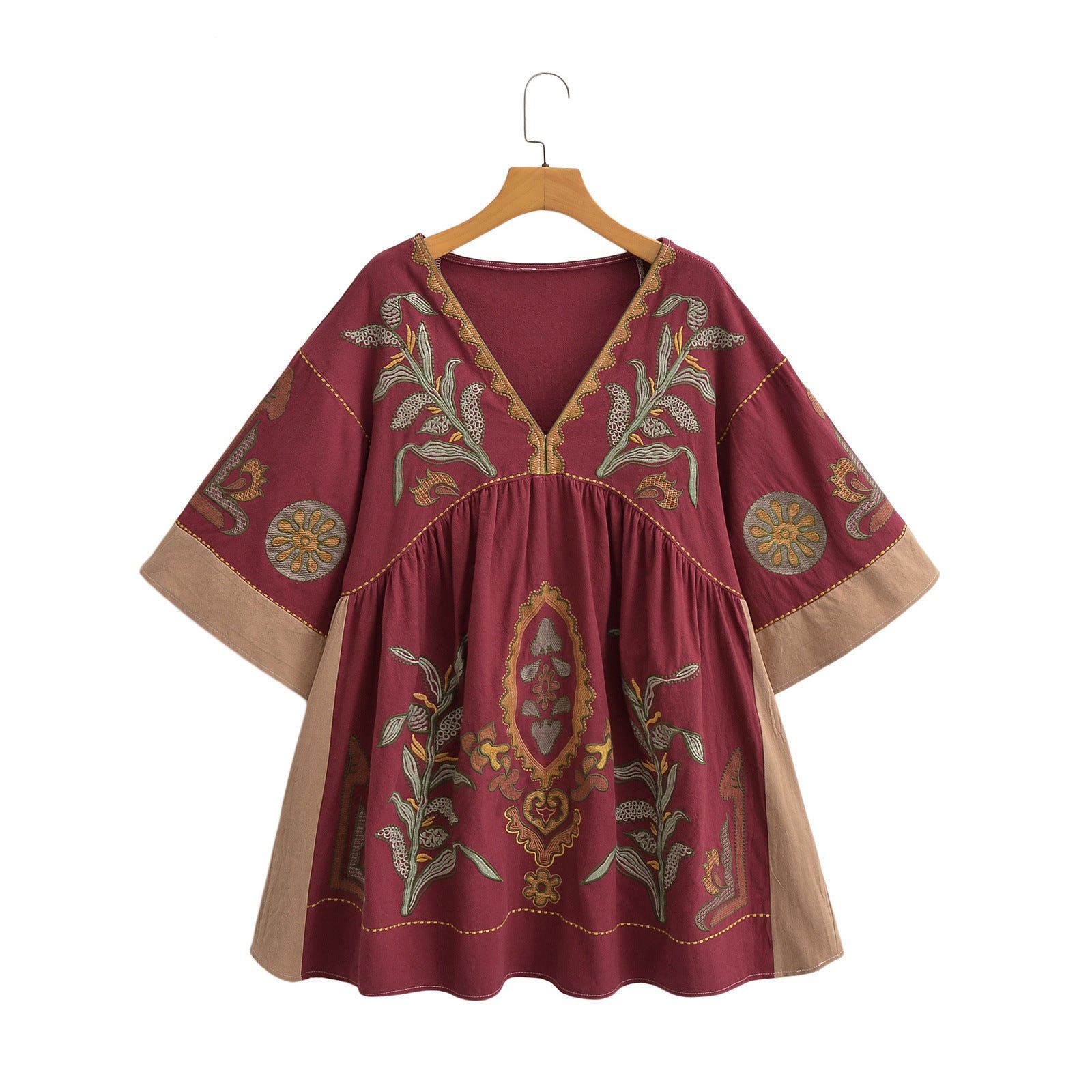 Bohemian Floral Embroidered Loose V-Neck Three-quarters Sleeve Blouse For Women - Spring Summer Autumn Casual Flowy Top
