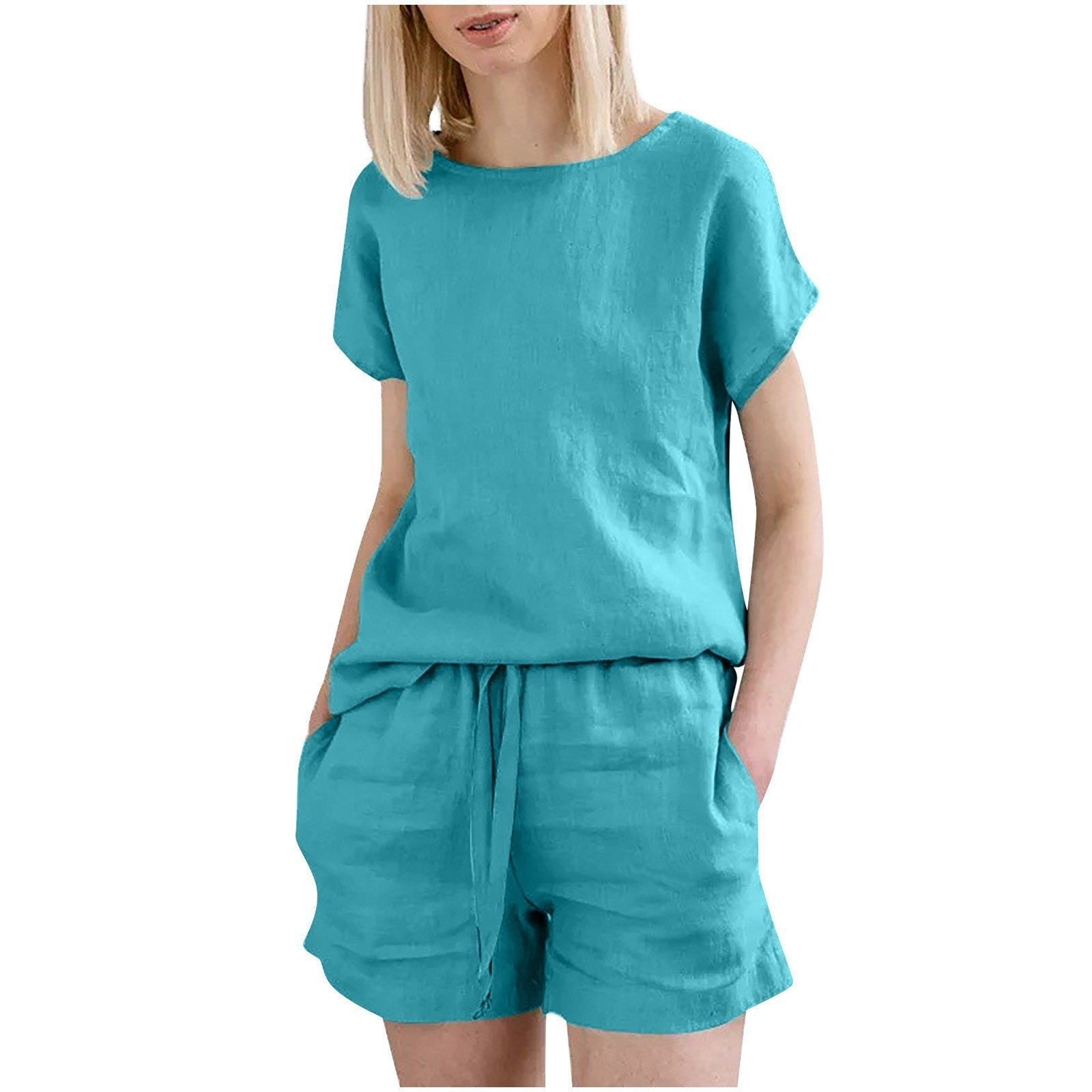 Short Sleeve Cotton Linen Retro Fashion Solid Color Top Shorts Suit