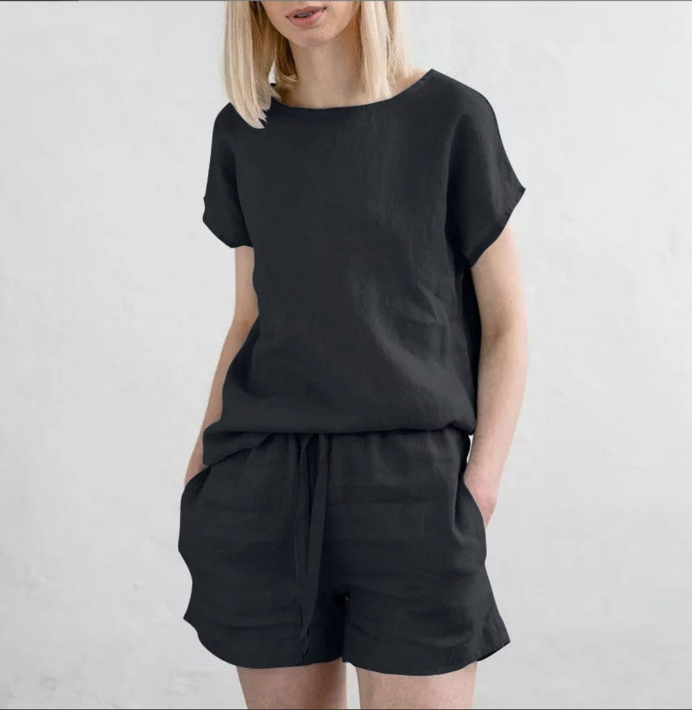 Short Sleeve Cotton Linen Retro Fashion Solid Color Top Shorts Suit