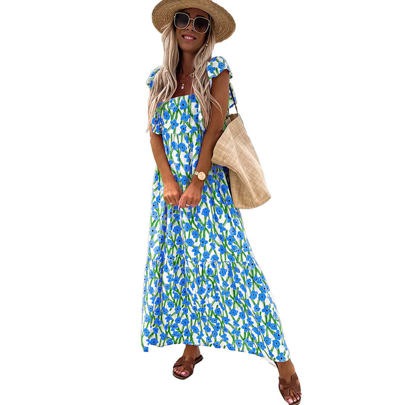 Women's Casual All-match Floral High Waist Square Collar Dress