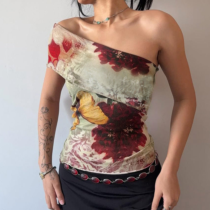 Fashion Sexy Slim Retro Floral Contrast Color Off-neck Short Sleeve T-shirt
