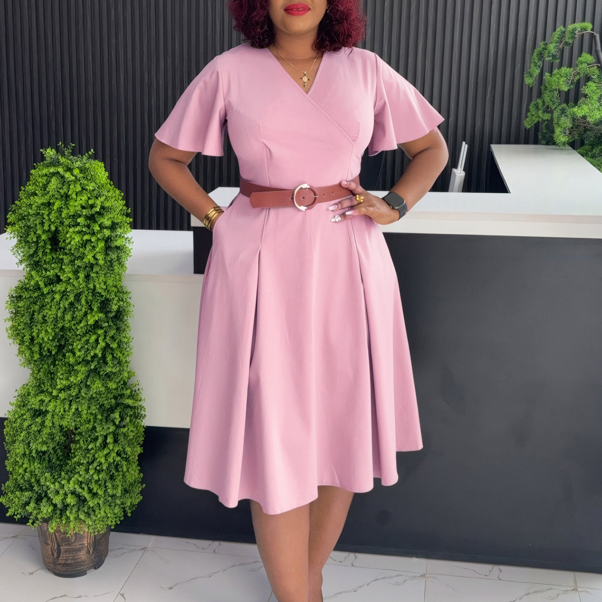 New V-neck Bell Sleeve Casual A- Line Women's Dress