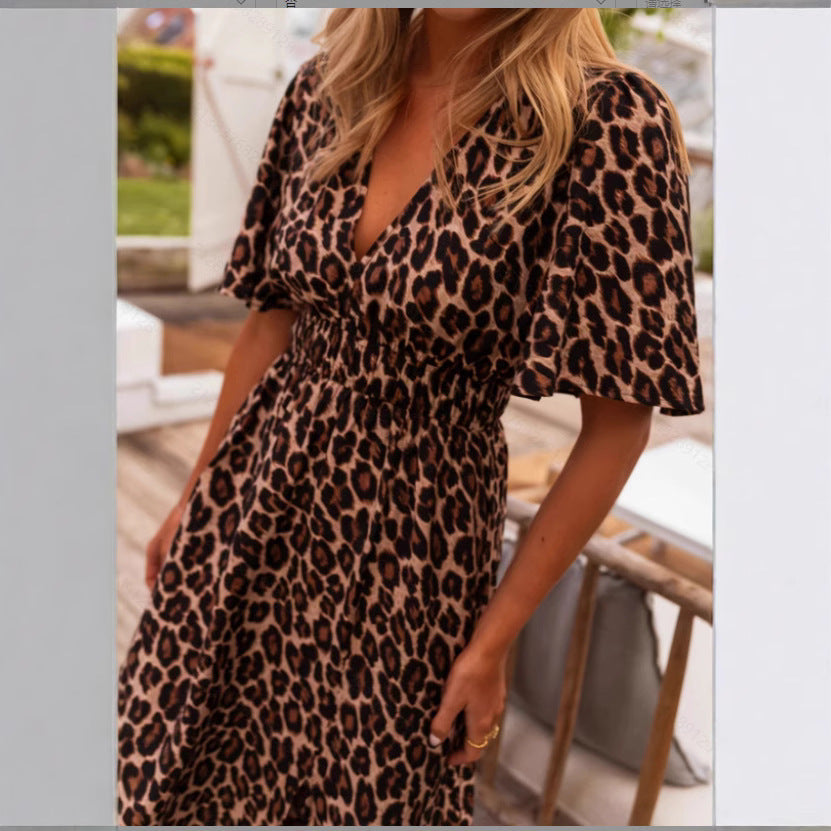 Leopard Print V-neck Cinched Plus Size Maxi Dress Women