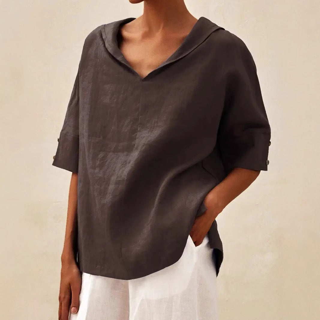 Cotton And Linen Relaxed-fit Hoodie Top T-shirt