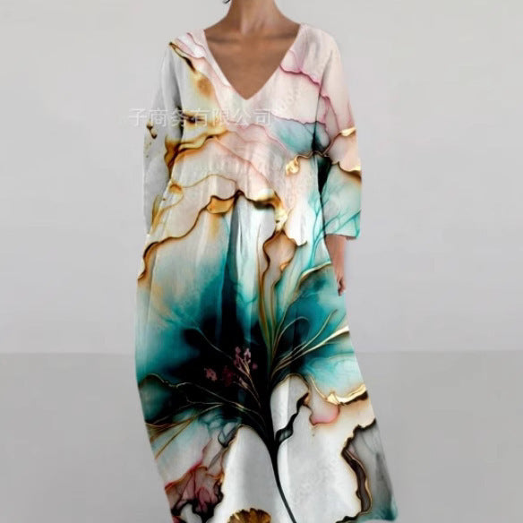 Women's Loose Round Neck Fashion Printed V-neck Dress